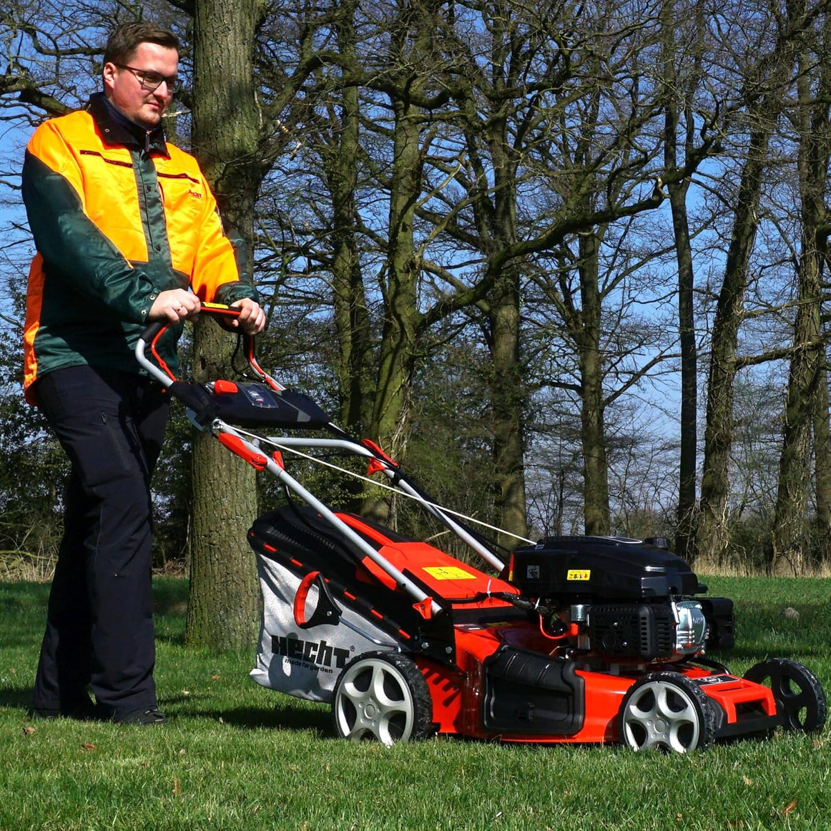 HECHT 5-IN-1 Benzin Rasenmäher â€?leistungsstarker 4 Takt Eco Motor 4,4 kW (6,0 PS) â€?Elektrostart â€?53 cm Schnittbreite â€?75 l Fangkorb â€?Radantrieb â€?patentierte Räder â€?Mulchmäher