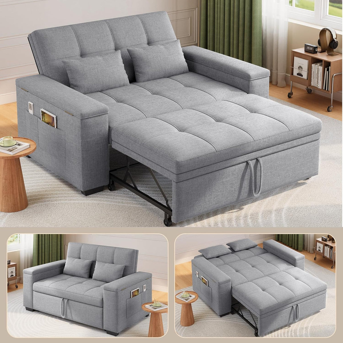 Xbro 3-in-1 Schlafsofa ausziehbar, 2-Sitzer Sofa mit Schlaffunktion, verstellbare Rückenlehne, Leinenstoff mit 2 Kissen und Seitentaschen, für Wohnzimmer, Schlafzimmer oder Büro, Hellgrau