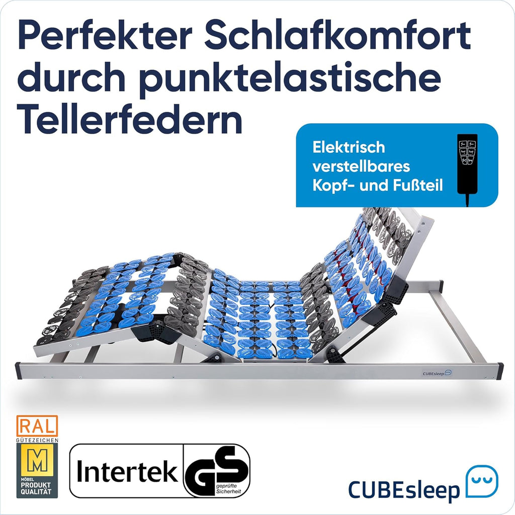 CubeSleep 7-Zonen Tellerfeder-Lattenrost Cloud 90x200 cm | Kopf- und Fußteil elektrisch verstellbar | Made In Germany | GS Zertifiziert â€?geprüfte Sicherheit | fertig montiert