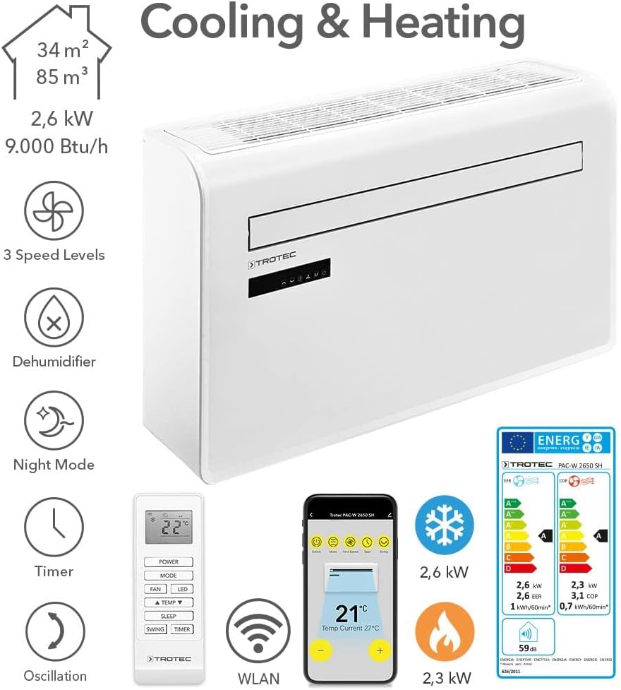 TROTEC Wandklimaanlage PAC-W 2650 SH â€?4-in-1 Klimaanlage ohne Außengerät mit Heizfunktion, 2,6 kW Kühlleistung, WiFi-App-Steuerung, Inverter-Technologie, für Räume bis 34 m²
