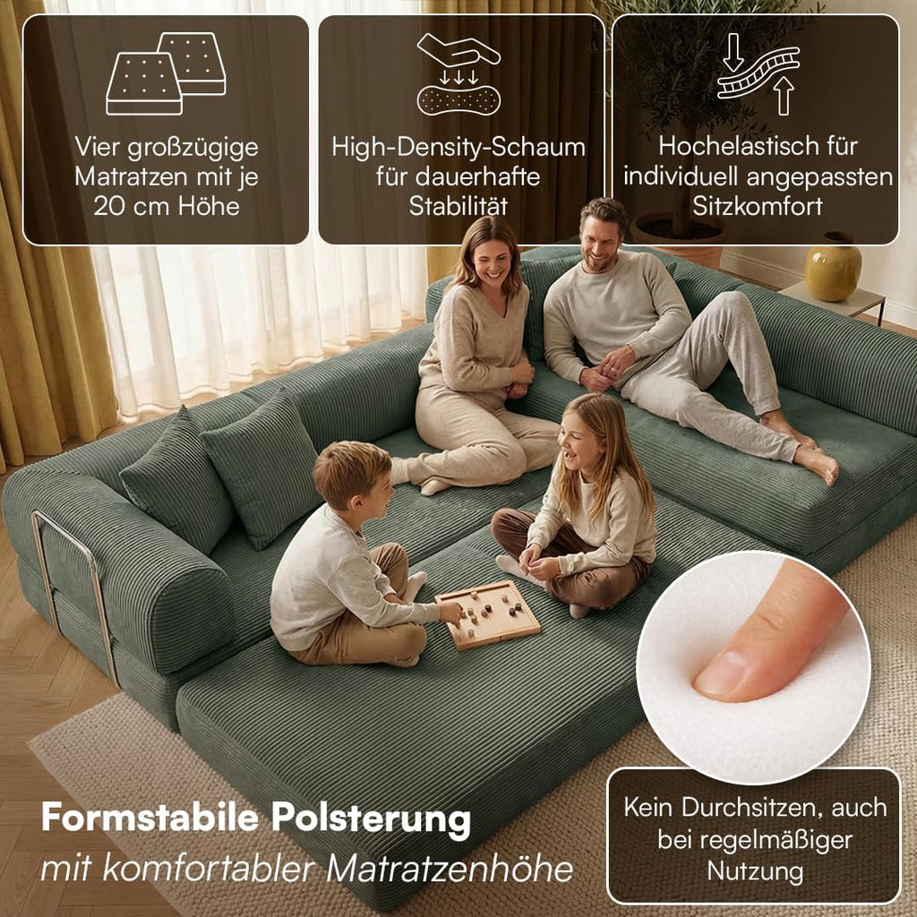 skølm Lofn Ecksofa 4 Sitzer â€?Wohnlandschaft L-Form Cord â€?Klappsofa 300cm breit Dunkelgrün â€?ausklappbar zum Schlafsofa, Bodensofa â€?Vollschaum Sofa mit 4 Kissen & Stahlgestell â€?Cloud Couch boneless | ohne Aufbau