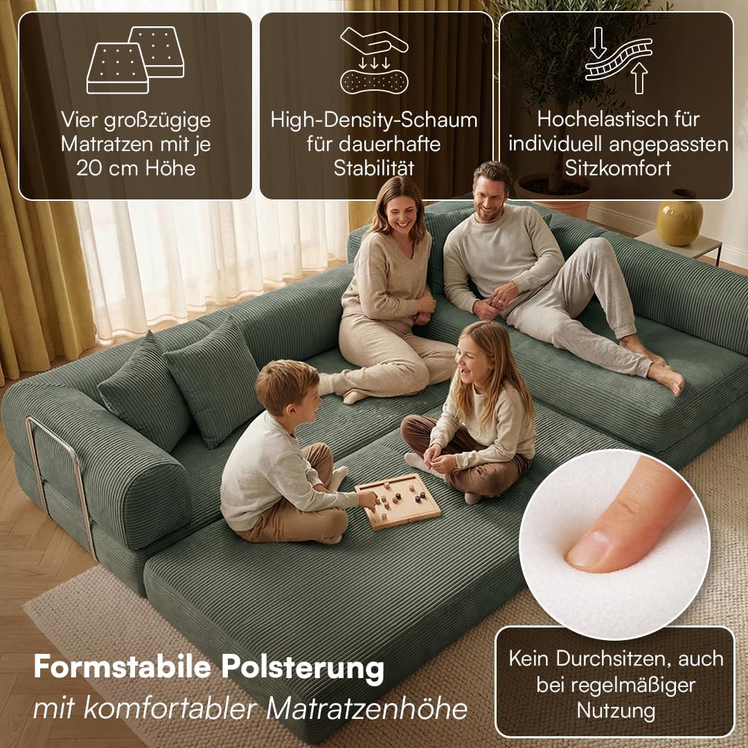 skølm Lofn Ecksofa 4 Sitzer â€?Wohnlandschaft L-Form Cord â€?Klappsofa 300cm breit Dunkelgrün â€?ausklappbar zum Schlafsofa, Bodensofa â€?Vollschaum Sofa mit 4 Kissen & Stahlgestell â€?Cloud Couch boneless | ohne Aufbau