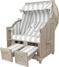 Strandkorbprofis Strandkorb Landhaus Sylt Teak Vintage, Geflecht White-Washed, Bezug PVC Blockstreifen grau