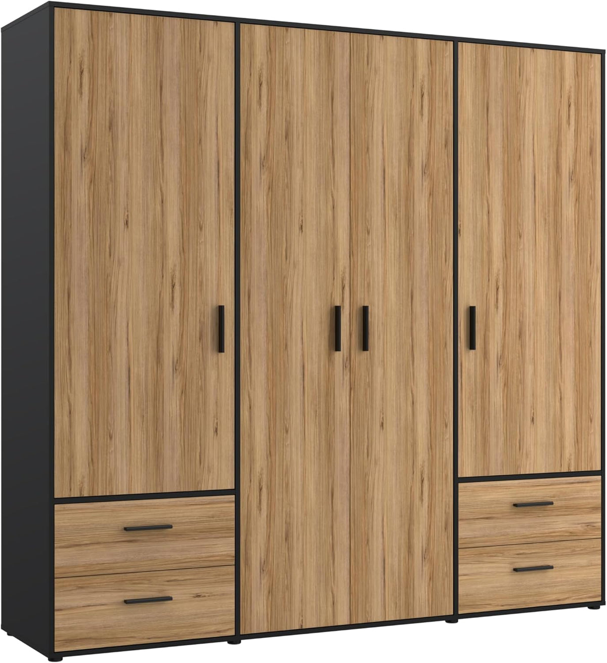 FORTE Jupiter Schrank 200 210, Kleiderschrank, Drehtürenschrank, 4-türig, mit 4 Schubladen und Einlegeböden, Schwarz mit Holz Dekor: Catania Eiche, 206 cm breit x 53 cm tief x 200 cm hoch