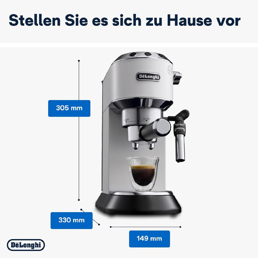 De'Longhi Dedica Style EC 685.M â€?Espresso Siebtrgermaschine, Espressomaschine mit professionellem Milchaufschumer, nur 15 cm breit, für Kaffeepulver oder ESE Pads, 1 l Wassertank, silber