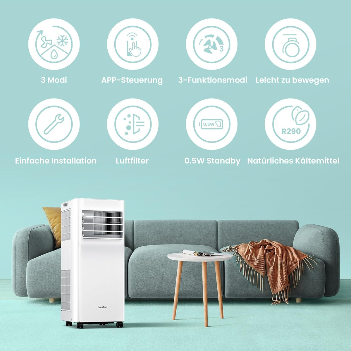 Mobiles Klimagerät Breezy Cool Pro 2.0,7000 BTU 2,0kW, Kühlen&Ventilieren&Entfeuchten,APP-Steuerung,Raumgröße bis 68m³(25ãŽ? .Mobile Klimaanlage mit Abluftschlauch,