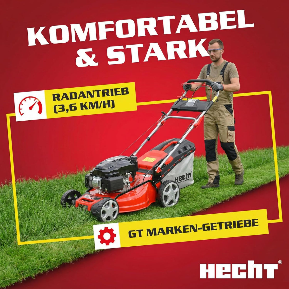 HECHT 5-IN-1 Benzin Rasenmäher - leistungsstarker 4 Takt Eco Motor 4,4 kW (6,0 PS) - Elektrostart - 53 cm Schnittbreite - 75 l Fangkorb - Radantrieb - patentierte Räder - Mulchmäher