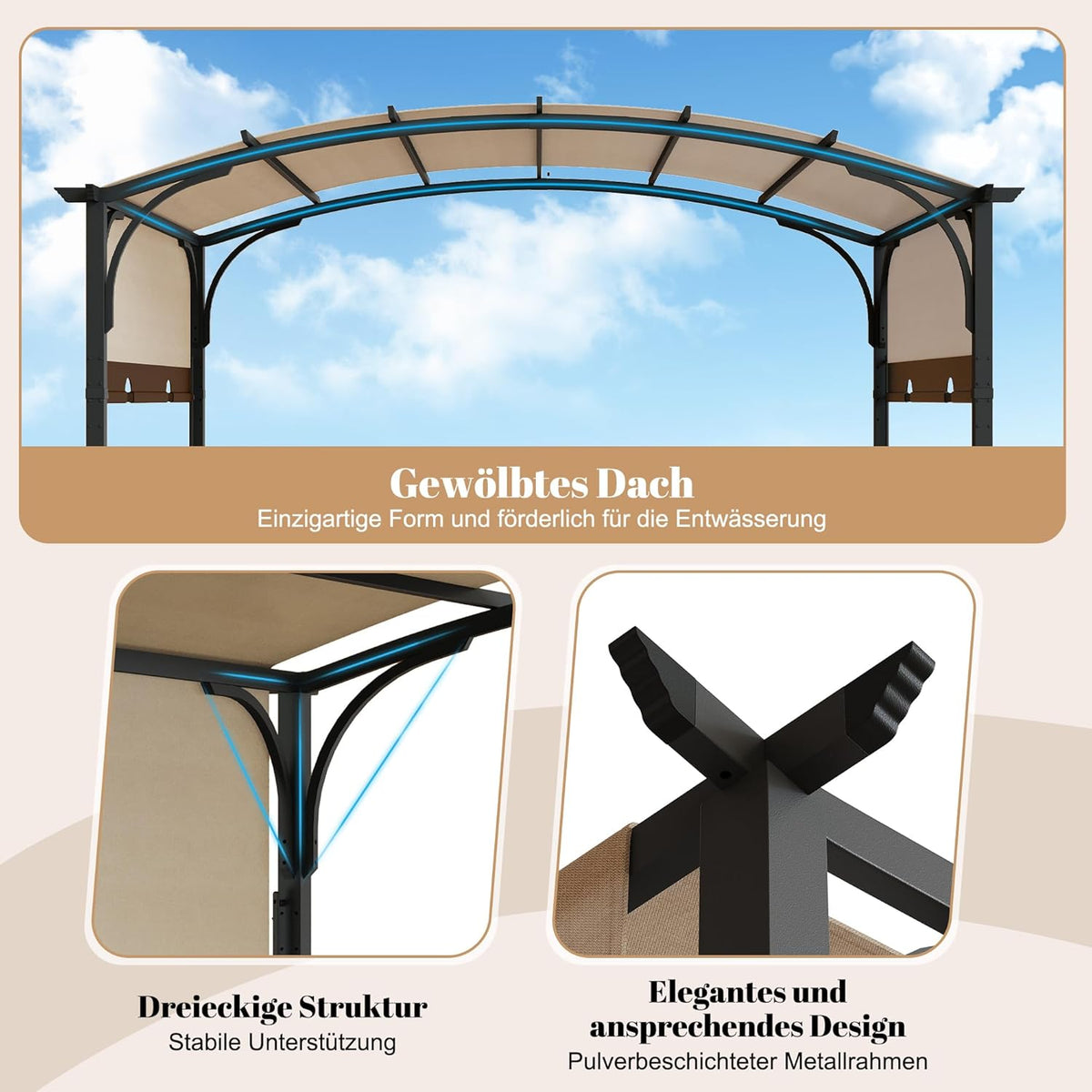Pergola mit Schiebedach, 3,3 × 2,7 m Wasserdichtes Gartenpavillon mit Metallpfosten, Gebogenem Dach für Terrasse, Garten oder Deck, UV-Schutz, Beige