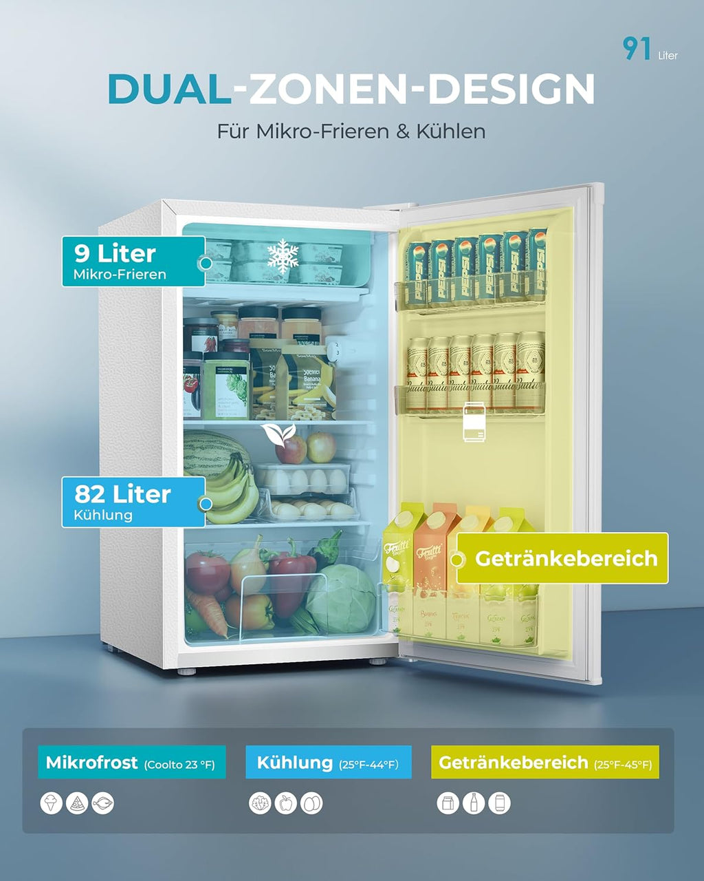 EUHOMY 91L Kühlschrank mit Gefrierfach klein& Gemüsefach (82L+9L) | 38dB Ultra-Leiser Mini Kühlschrank für Schlafzimmer/Büro | 7-Stufen Thermostat, Energieeffizien | 44.5x50x79cm Weiß