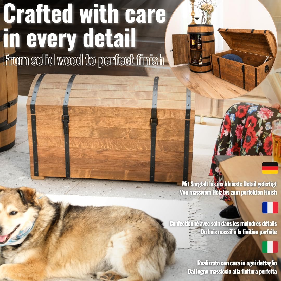 CREATIVE COOPER Holztruhe 180L â€?Klassischer Aufbewahrungskoffer aus geöltem Erlenholz â€?Vintage Design â€?Für Wohnzimmer, Terrasse & Garten â€?80x50x50 cm