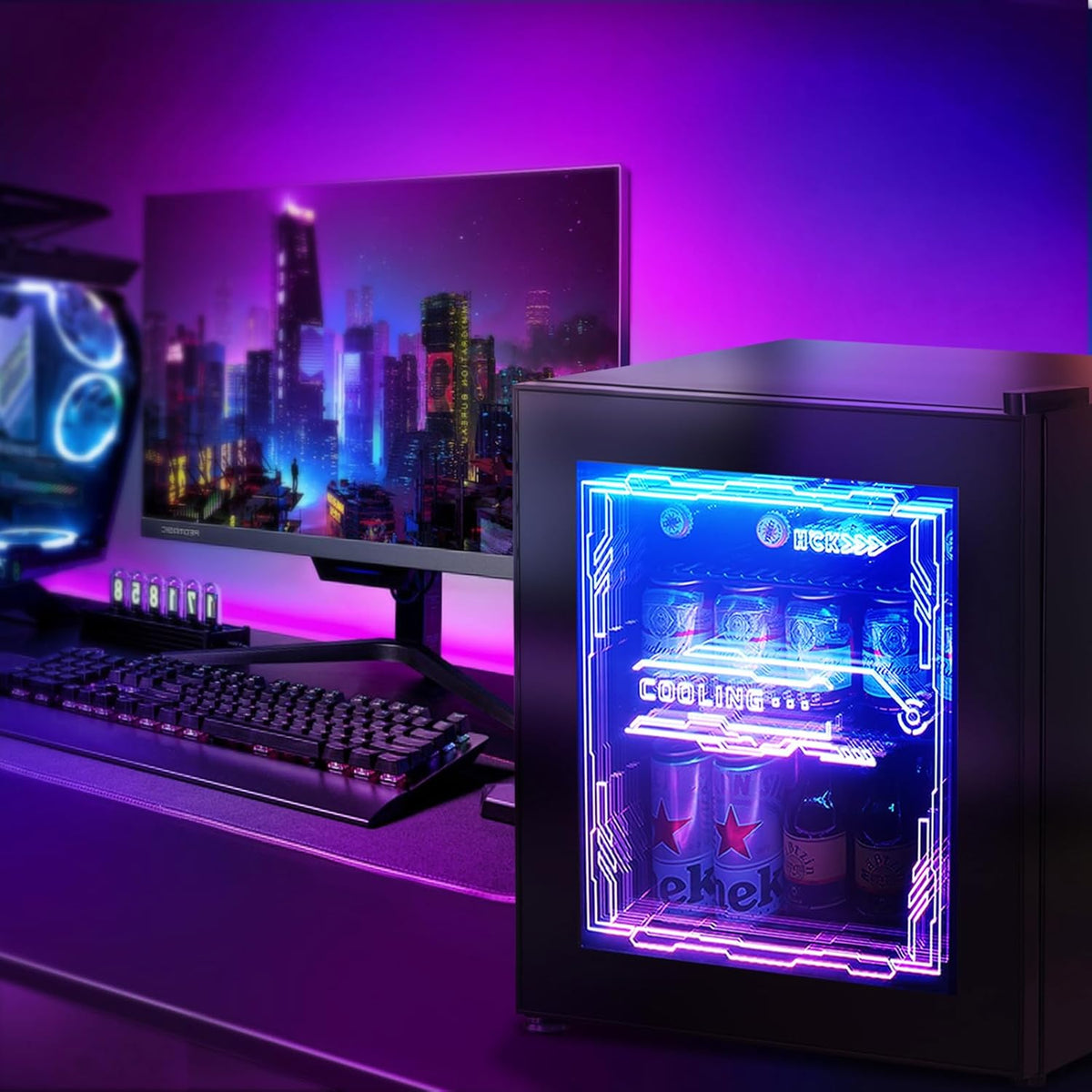 HCK Mini Kühlschrank 48L, Getränkekühlschrank mit Glastür und LED Beleuchtung, Cyberpunk Design, leise 39dB, 0-10â„?Bierkühlschrank für Gaming Room, Party, Bar, Schwarz