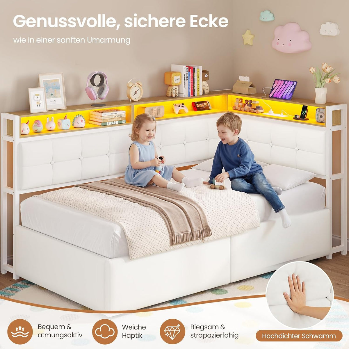 DICTAC Jugendbett 90x200 mit Stauraum, LED & Ladestation | Polsterbett mit hydraulischem Stauraum, zweistöckiges Ablagefach | Tagesbett Einzelbett in weißâ€?für Kinder, Jugendliche & Erwachsene