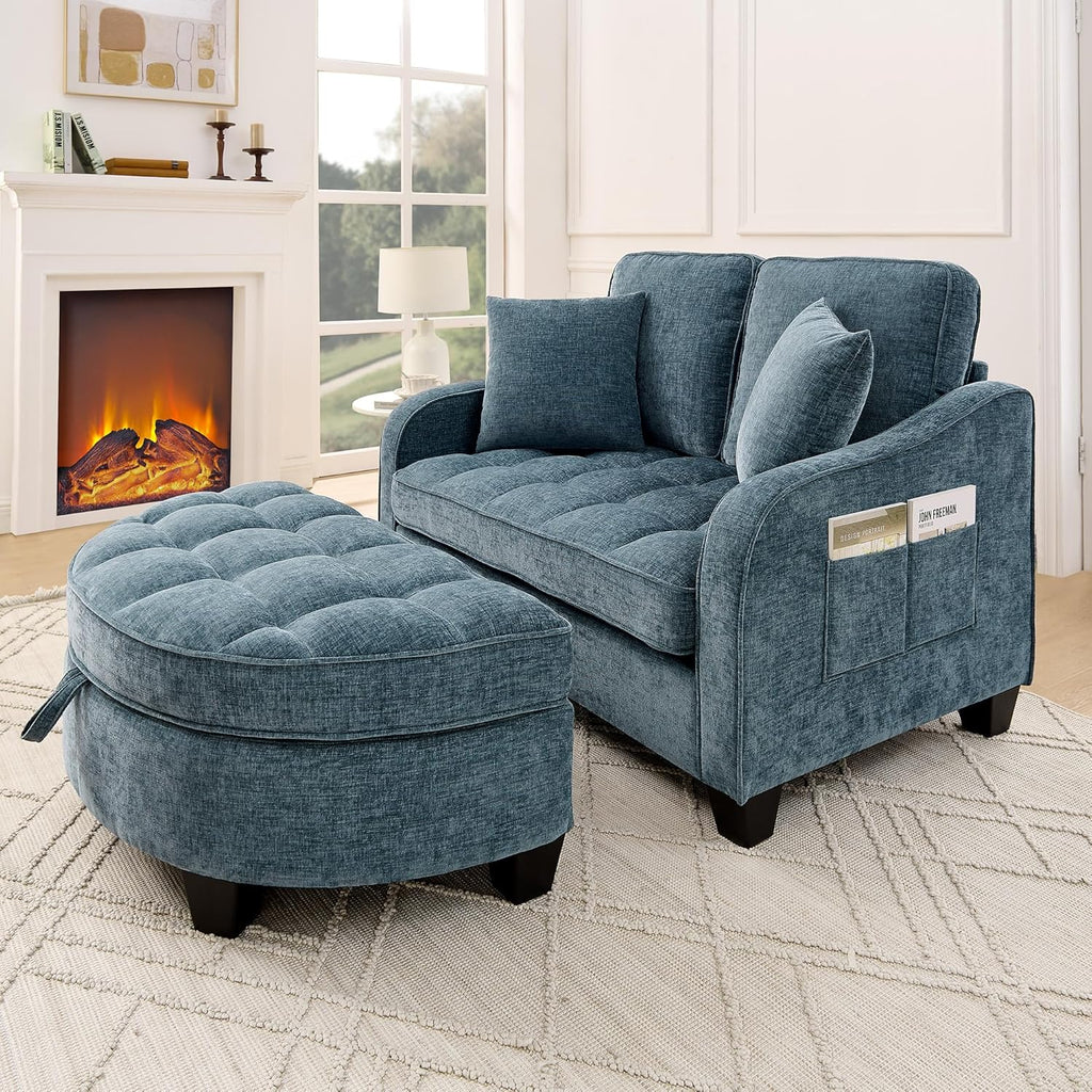 Sofa mit mit Aufbewahrungs-Hocker, Schlafsofa mit Verstellbarer Rückenlehne und Kissen, Klein Sofa, für kleine Wohnzimmer,Studienzimmer,Schlafzimmer,Blau