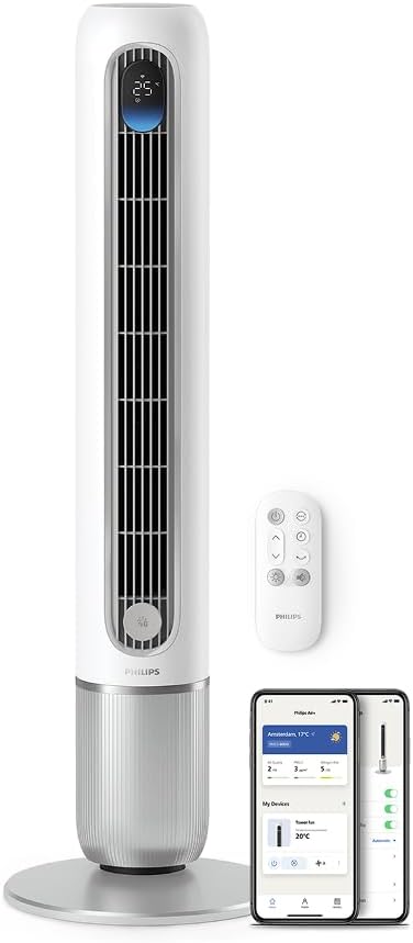 Philips Smarter Turmventilator 7000 Series â€?8,4 m/s stark, ultraleise 22 dB, energieeffizient, App & Fernbedienung, Wlan, 12 Stufen, Schlafmodus, Temp‑Anzeige, 12‑h Timer, 80° Oszillation (CX7550/00)