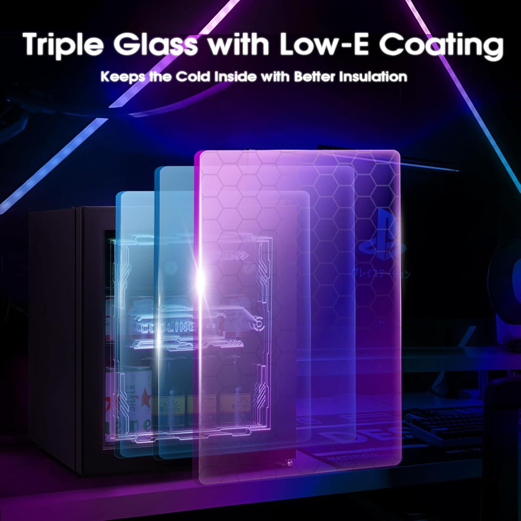 HCK Mini Kühlschrank 48L, Getränkekühlschrank mit Glastür und LED Beleuchtung, Cyberpunk Design, leise 39dB, 0-10â„?Bierkühlschrank für Gaming Room, Party, Bar, Schwarz