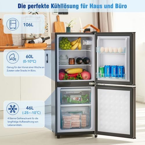Merax Retro Kühlschrank mit Gefrierfach â€?106L Mini Kühlschrank, 60L Kühlschrank + 46L Gefrierschrank, 7 Temperatureinstellungen, LED-Licht, Silber-Tür, 166 kWh/Jahr, Energieklasse E