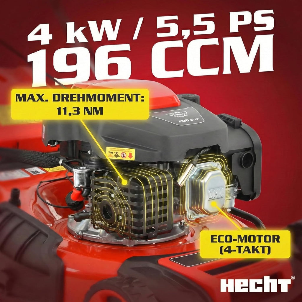 HECHT 5-IN-1 Benzin Rasenmäher - leistungsstarker 4 Takt Motor 4,0 kW (5,5 PS) - Elektrostart - 51 cm Schnittbreite - 65 l Fangkorb - Radantrieb - patentierte Räder - Mulchmäher Rasenmäher