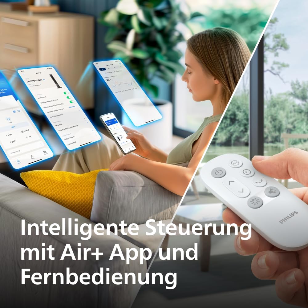 Philips Smarter Turmventilator 7000 Series â€?8,4 m/s stark, ultraleise 22 dB, energieeffizient, App & Fernbedienung, Wlan, 12 Stufen, Schlafmodus, Temp‑Anzeige, 12‑h Timer, 80° Oszillation (CX7550/00)