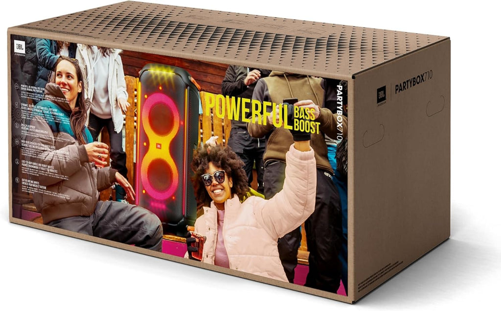JBL PartyBox 710 - Schwarz â€?Trag - und rollbarer Bluetooth Party-Lautsprecher mit Lichteffekten â€?Spritzwassergeschützte, mobile Musikbox