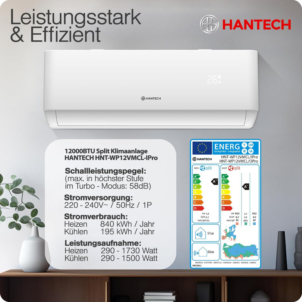 Split Klimaanlage 12000 BTU (bis 45m²) HANTECH H-PRO Heiz-&Kühlfunktion, Luftfilter, WIFI, Montagematerial weiß