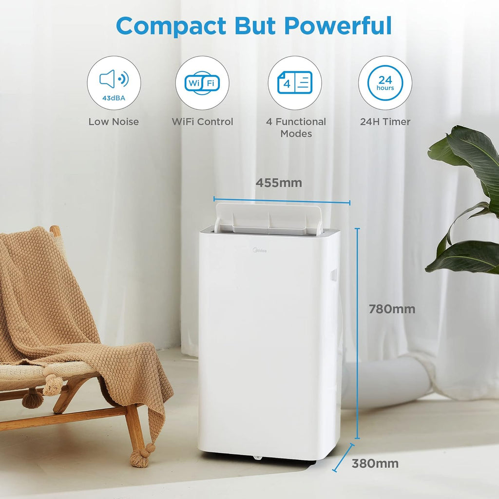 Midea Mobiles Klimagerät Silent Cool 26 Pro WF, 9000 BTU 2,6kW, Kühlen&Ventilieren&Entfeuchten, Raumgröße bis 88m³(33ãŽ?, APP-Steuerung/Alexa/Google Home/IFTTT, Mobile Klimaanlage mit Abluftschlauch