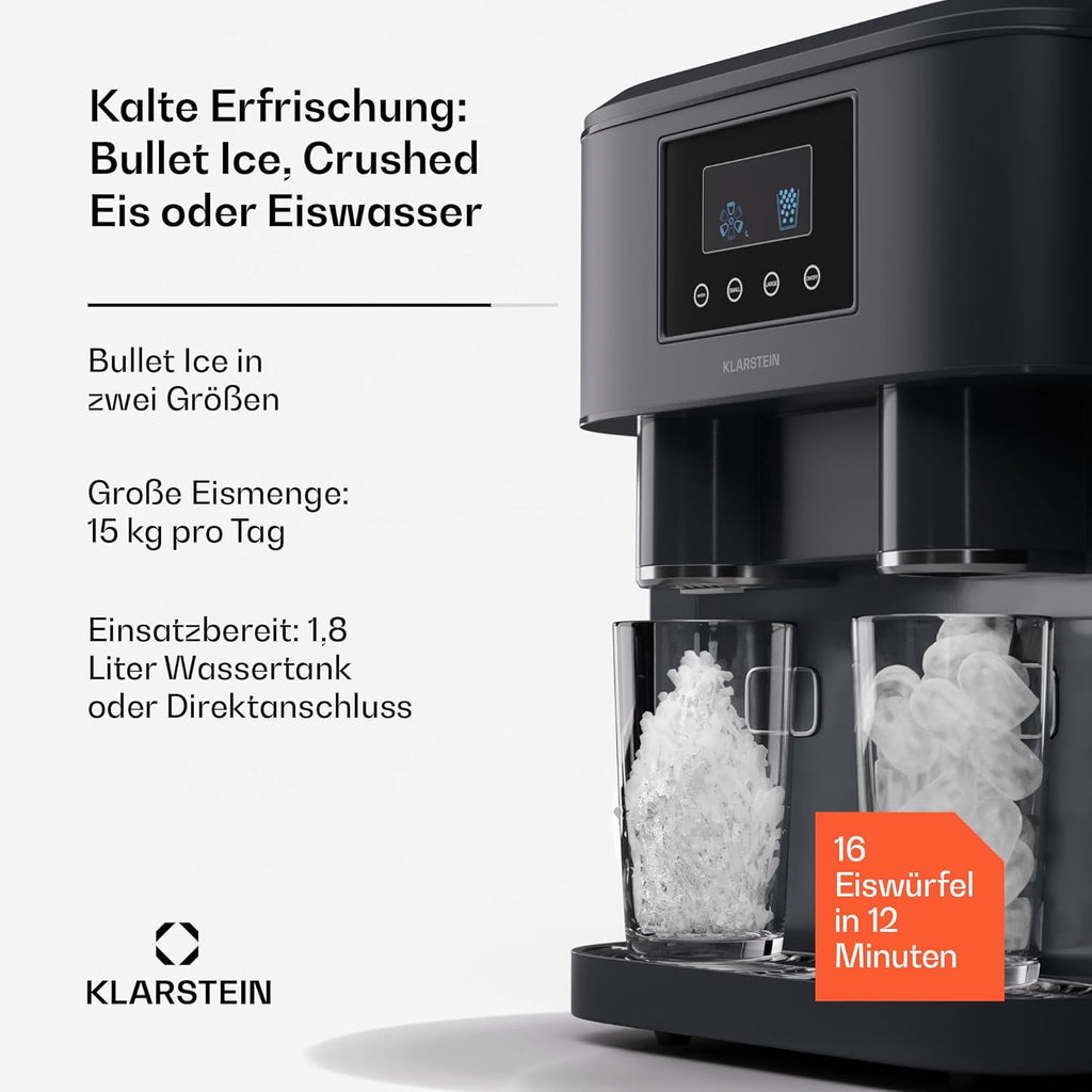 Klarstein Eiswürfelmaschine für Zuhause Camping Gastro, Schnelle Mini-Eiswürfelmaschine Klein, Profi Eismaschine für Crushed Eis, Große  und  Kleine Eiswürfel, 1,8L Wassertank, 15kg Eis in 24h