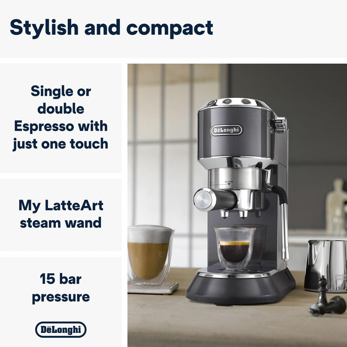 De'Longhi Dedica Style EC 685.M â€?Espresso Siebtrgermaschine, Espressomaschine mit professionellem Milchaufschumer, nur 15 cm breit, für Kaffeepulver oder ESE Pads, 1 l Wassertank, silber