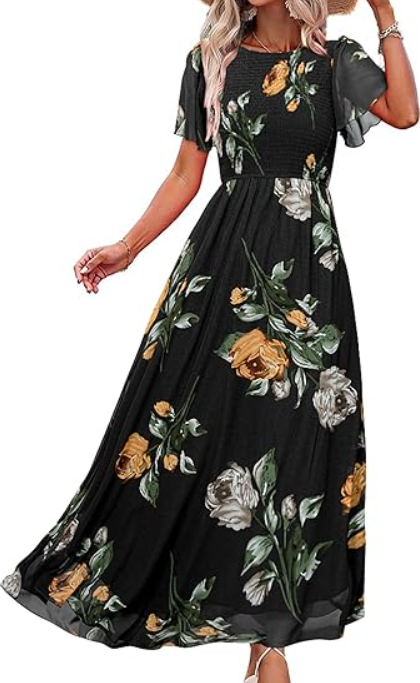 Womens Summer Floral Summer Maxi Dresses Boho Flowy Flutter Short Sleeve Crew Neck Vacation Smocked Chiffon Dress