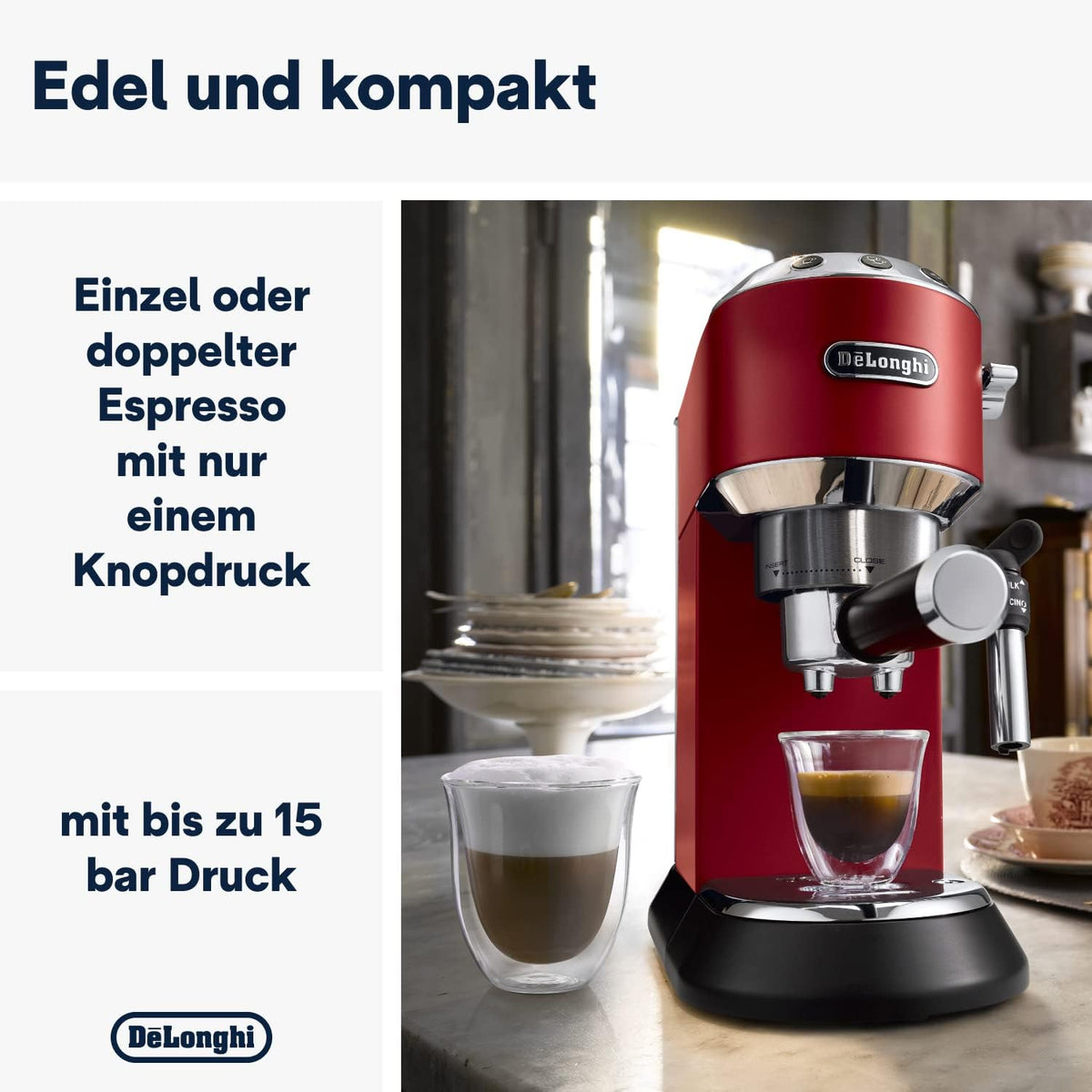 De'Longhi Dedica Style EC 685.M â€?Espresso Siebtrgermaschine, Espressomaschine mit professionellem Milchaufschumer, nur 15 cm breit, für Kaffeepulver oder ESE Pads, 1 l Wassertank, silber