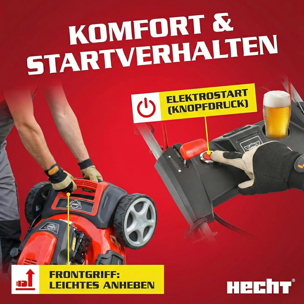 HECHT 5-IN-1 Benzin Rasenmäher - leistungsstarker 4 Takt Motor 4,0 kW (5,5 PS) - Elektrostart - 51 cm Schnittbreite - 65 l Fangkorb - Radantrieb - patentierte Räder - Mulchmäher Rasenmäher