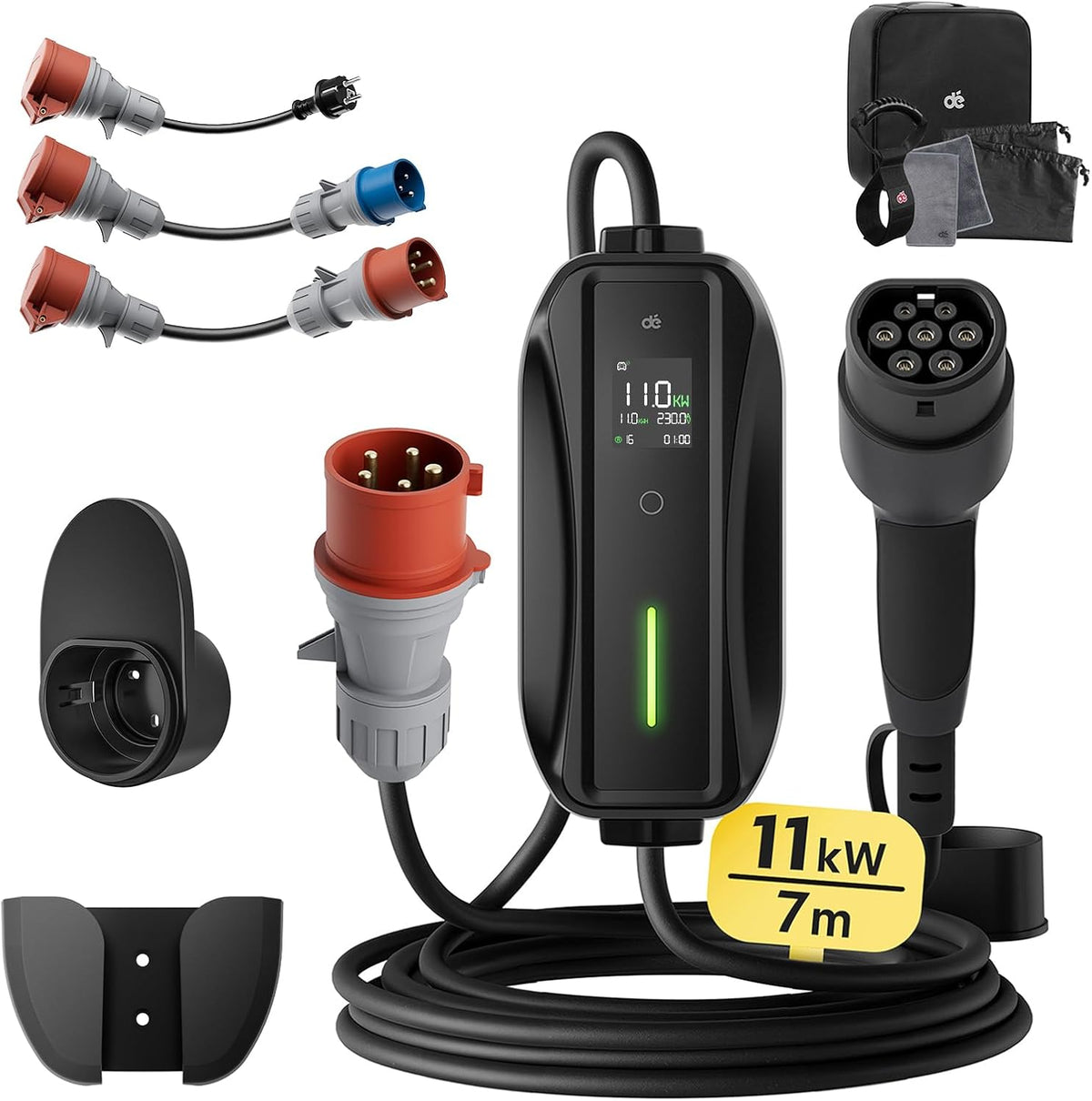 dé Mobile Wallbox/Ladestation 11kW 3-phasig|7m|6-16A mit Traveller Adapter Set, Ladekabel CEE 16A auf Typ 2 und EV Ladegerät für Model Y/3, ID.3/4/5, MG4, EX30, e-up, e-tron, Zoe und andere EV