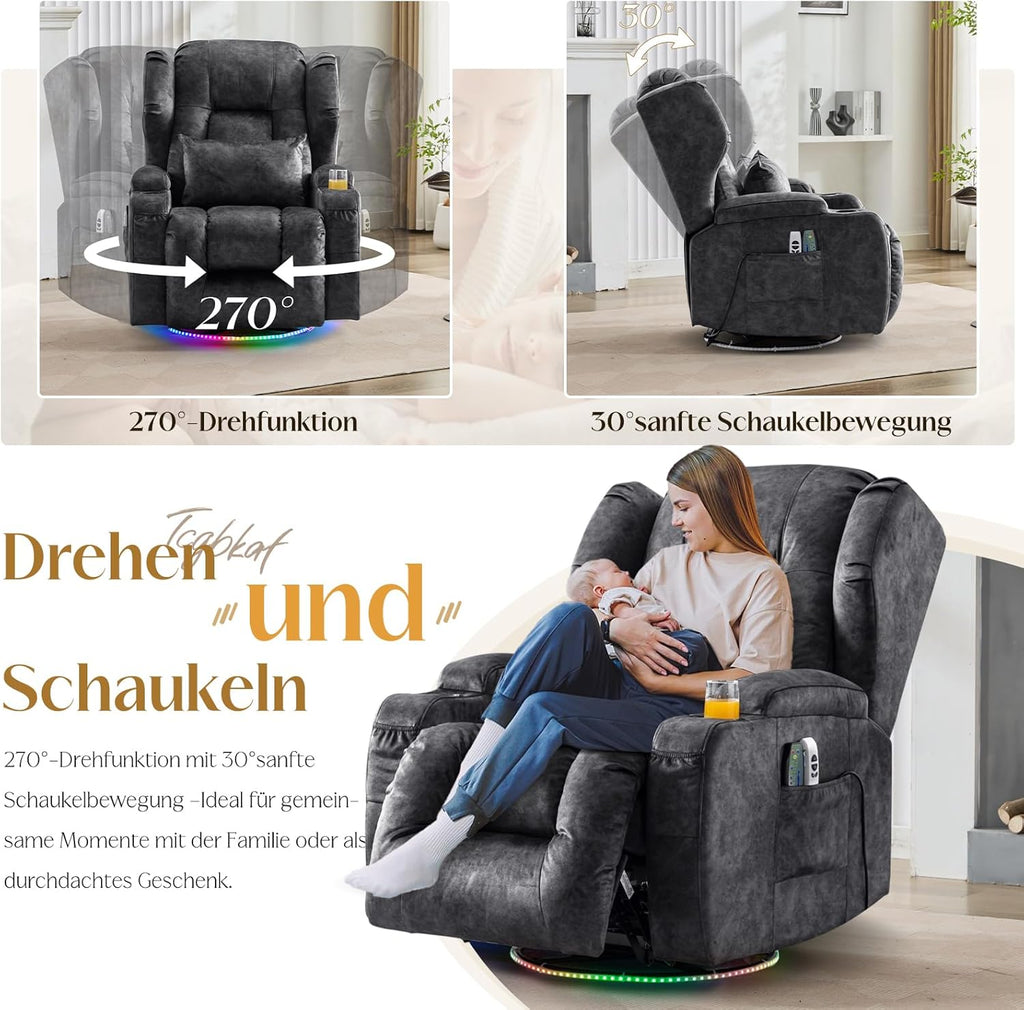 Elektrischer Fernsehsessel Relaxsessel mit Liegefunktion,240°Drehsessel Kinosessel Massagesessel mit Wärmefunktion,TV Sessel Liegesessel fürs Wohnzimmer bis 150kg (Samtstoff, Grau)