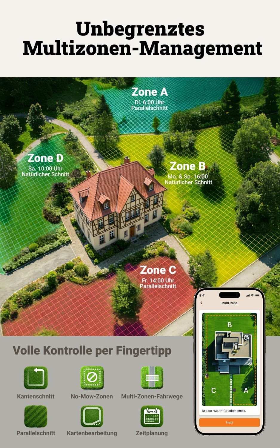 WORX Landroid Vision Cloud WR340E 4WD Mähroboter ohne Begrenzungskabel für 600 m² (KI-Hinderniserkennung, VSLAM+ RTK Cloud Navigation, 84% Steigung, Auto-Mapping, App-Steuerung)