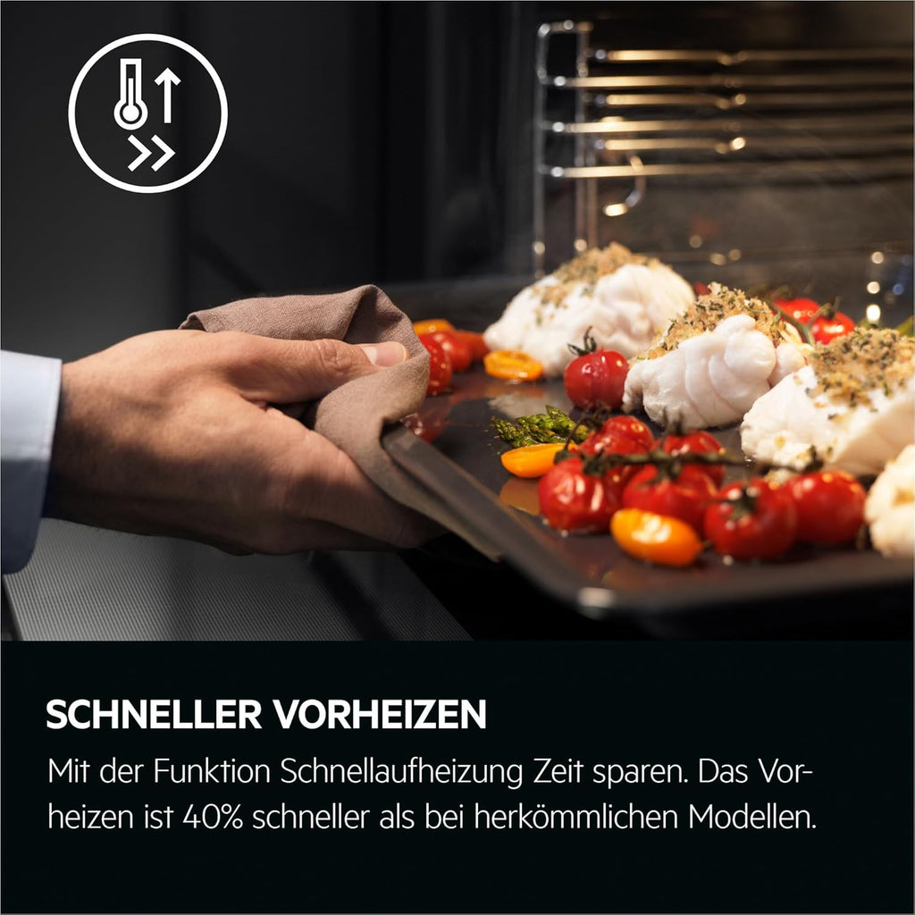 AEG Einbaubackofen â€?Serie 5 Ringheißluft: Gleichmäßige Garergebnisse auf 3 Ebenen â€?Pyrolyse Selbstreinigung â€?25 Automatikprogramme â€?LED-Touchdisplay â€?Schnellaufheizung â€?Schwarz â€?BPE53516AB