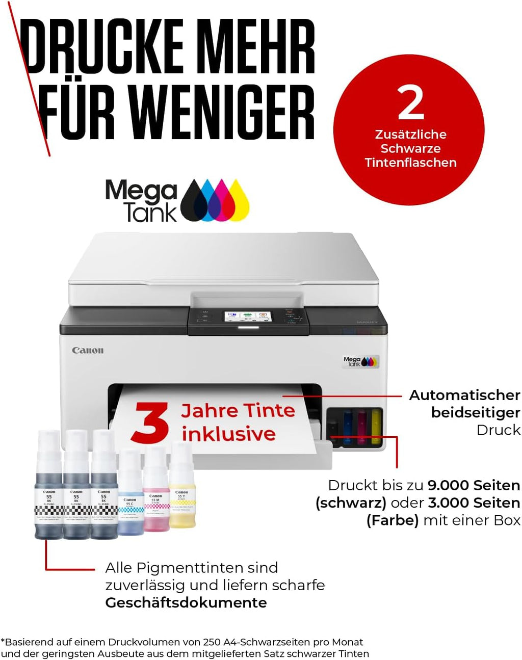 Canon MAXIFY GX1050 Tintenstrahldrucker 3-in-1 Multifunktionsdrucker MegaTank (Drucker, Scanner, Kopierer, WLAN, Cloud, Duplexdruck, 250 Blatt Kassette, Tintentank) Enthält 6 x Tintenflaschen