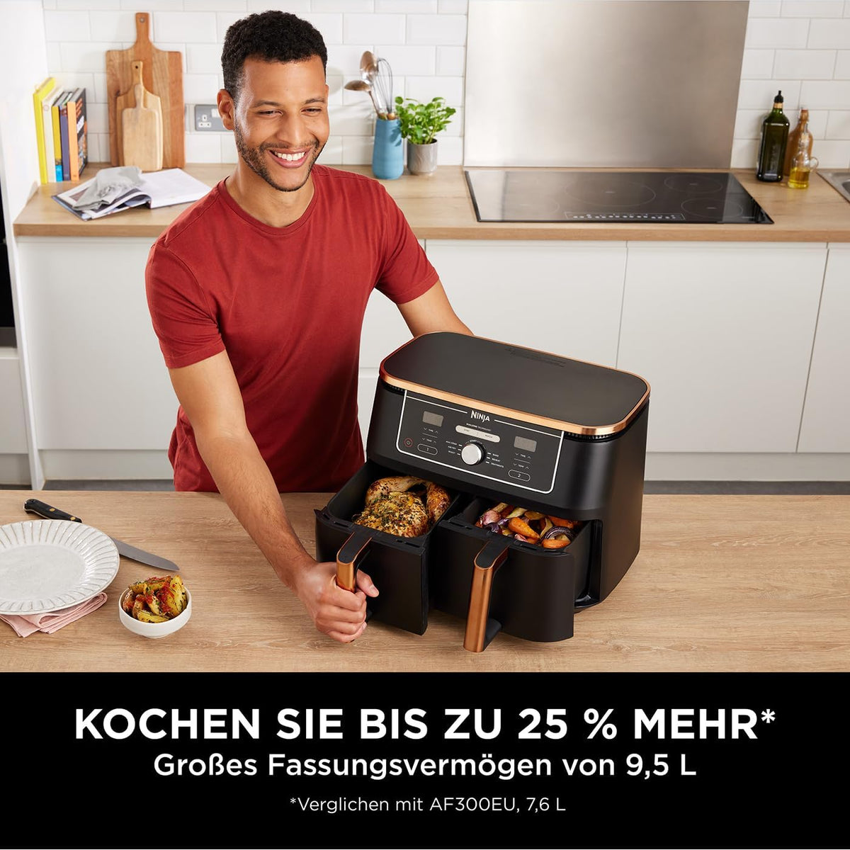 Ninja Foodi MAX Dual Zone Heißluftfritteuse AF400EUCP Amazon Exclusive, â€?470 Watt , 9,5 L, 2 Heißluft-Frittierfächer, 6 Funktionen, 27 x 41.5 x 32.5 cm, Kupfer/Schwarz