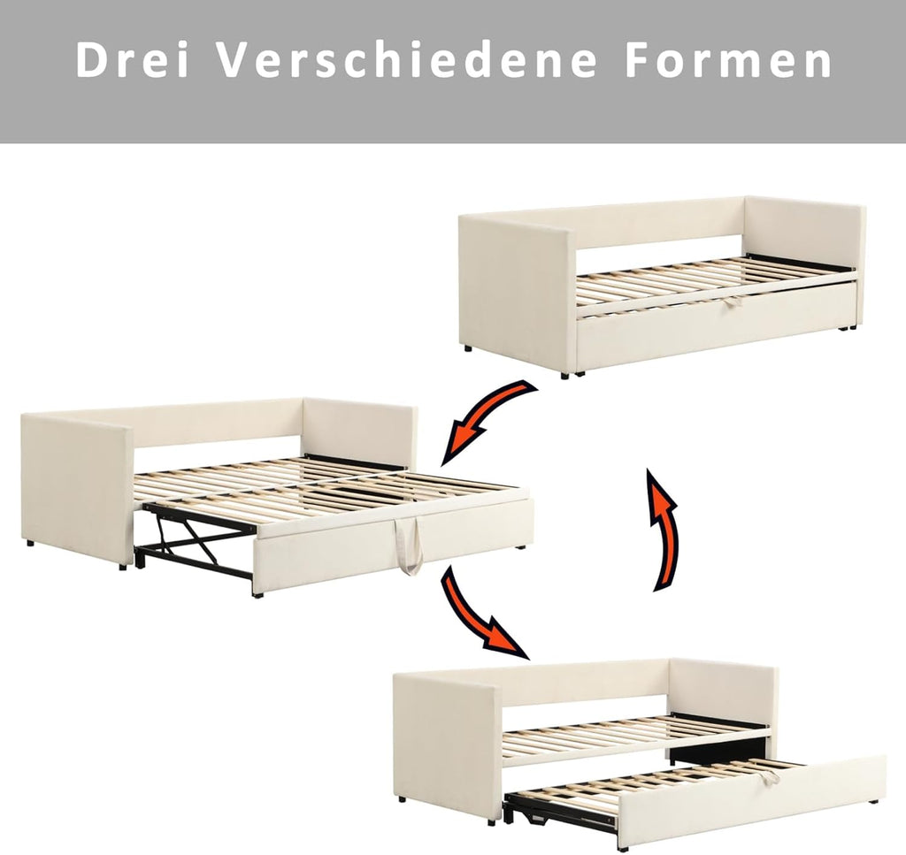 Schlafsofa 200cm Breit, Schlafcouch Ausziehbar, Schrankbett mit Sofa, Murphy Bed 90/180 x 200 cm, Polsterbett Tagesbett Ausziehbar mit Lattenrost, Doppelbett, Samtstoff, ohne Matratze (Beige)