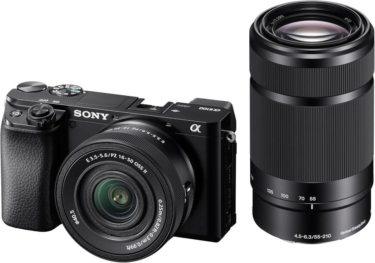 Alpha 6100 | APS-C Spiegellose Kamera | Bundle mit 16-50mm & 55-210 Objektiv | Schneller 0,02s Autofokus mit Augenerkennung für Mensch und Tier, 4K-Filmaufnahmen und neigbares Display