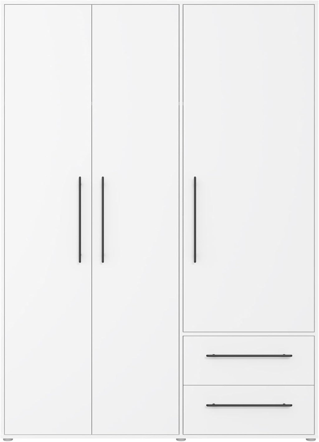 FORTE Jupiter Schrank 140 150, weißer Kleiderschrank, Drehtürenschrank, 3-türig, mit 2 Schubladen und Einlegeböden, Weiß, 145 cm breit x 59 cm tief x 200 cm hoch