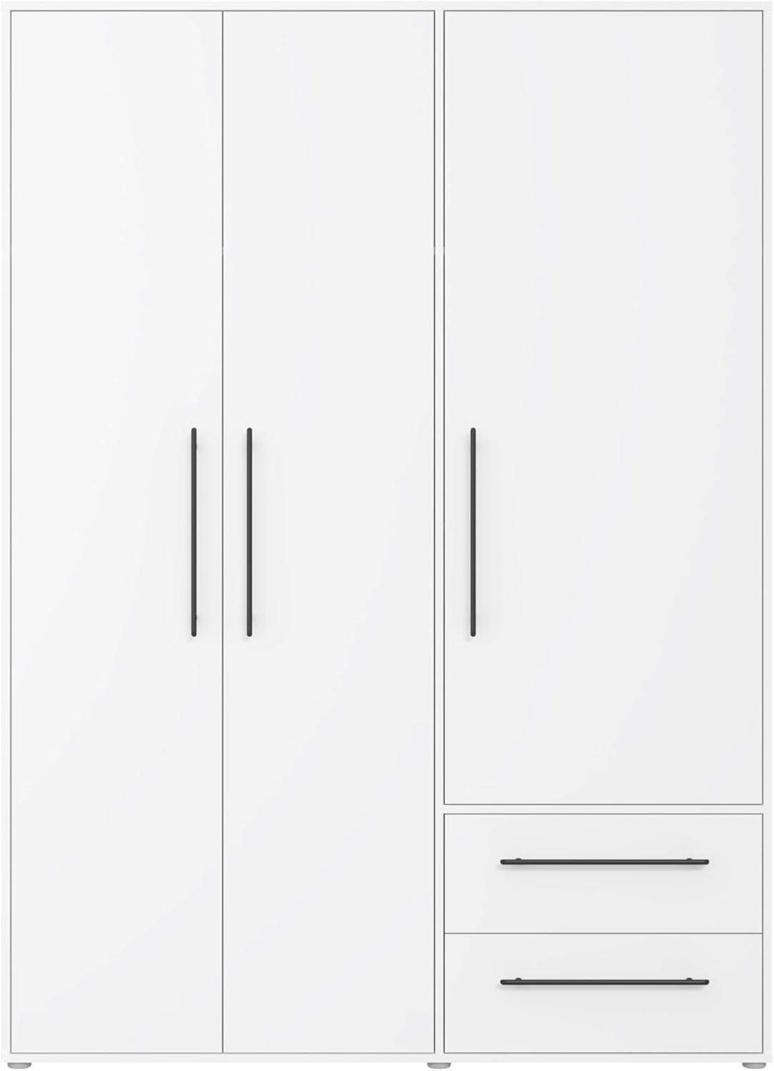 FORTE Jupiter Schrank 140 150, weißer Kleiderschrank, Drehtürenschrank, 3-türig, mit 2 Schubladen und Einlegeböden, Weiß, 145 cm breit x 59 cm tief x 200 cm hoch