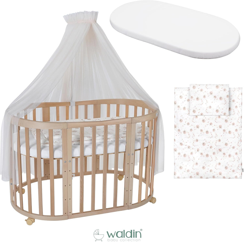 Waldin Oval Baby-Bett Mitwachsend Komplett Set 7in1, Gitterbett, Kinderbett mit Matratze, Wickelkommode, Beistellbett, Holz Weiß