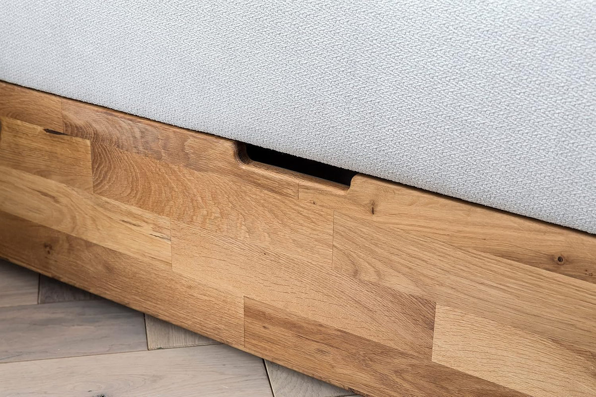 Belanoti MARBO Boxspringbett 180x200 mit Bettkasten 7-Zonen Taschenfederkern Matratze inklusive Visco Topper Bett 180x200 Eiche in der Farbe Weissgrau H2/H3 Polsterbett mit Massivholz Eiche