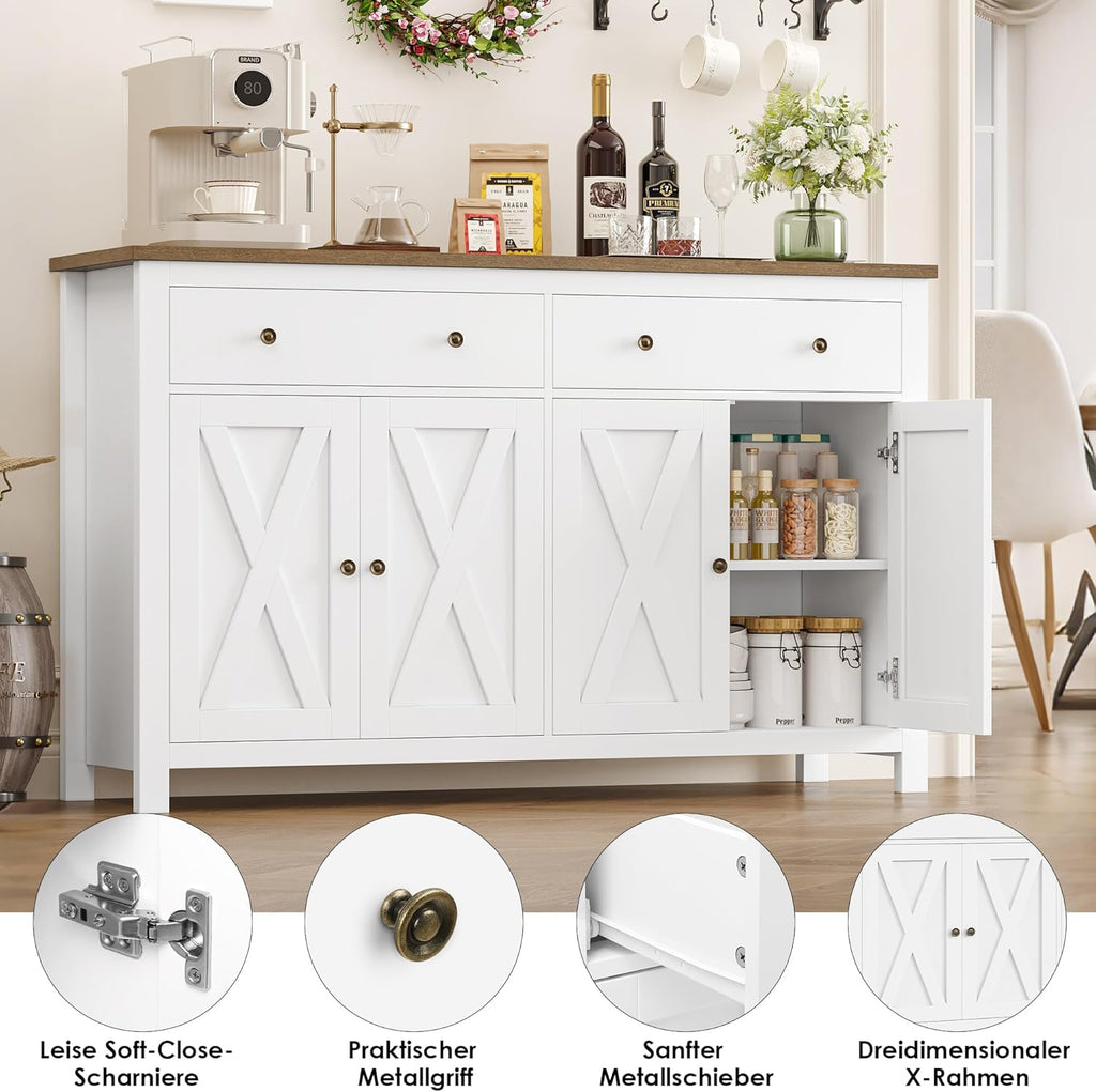 FirFurd Sideboard 140cm Breit Küchenschrank mit Arbeitsplatte Buffetschrank mit 2 Schubladen und 4 Türen Küchenbuffet mit Verstellbares Regal Sideboard für Küche Wohnzimmer Esszimmer weiß 140x89x40 cm
