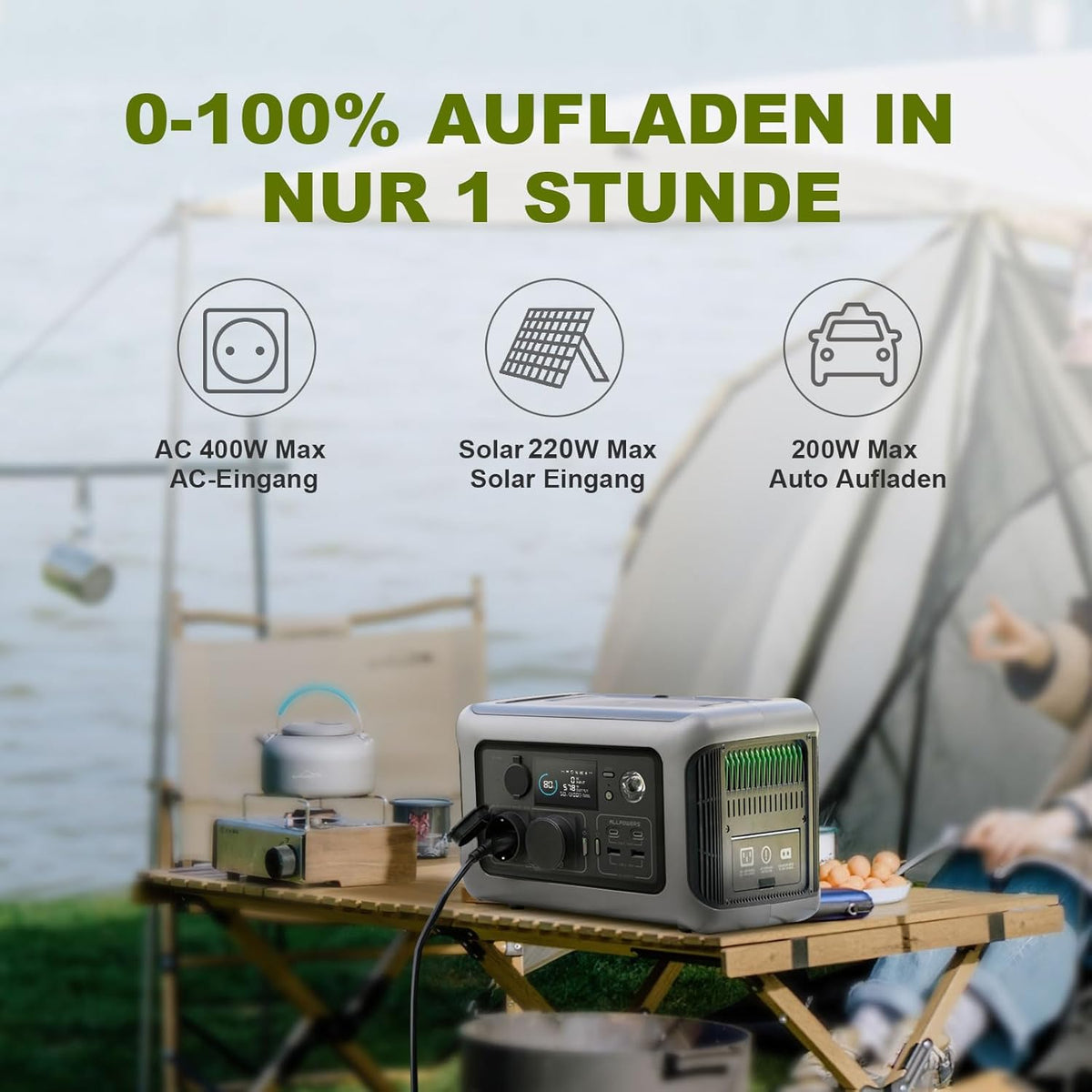ALLPOWERS R600 Solargenerator, 2x 600W (1200W Spitze) AC Ausgang Tragbare Powerstation mit 2x 100W Solarpanel, 299WH LiFePO4 Batterie, Mobile Stromversorgung für Garten Reise Camping Wohnmobil Notfall