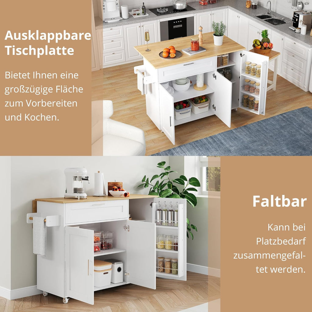 Mobiler Küchentisch, Arbeitsplatte Klappbar, Eiche Maserung, Multifunktionaler Schrank, Gewürzregal, Handtuchhalter, 5 Rollen, Weiß Geeignet für Küche/Essen/Haus