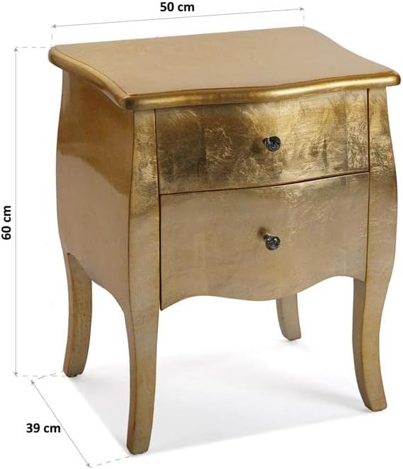 Versa Cagliari Nachttisch Kleiner oder zusätzlicher Tisch für das Schlafzimmer oder das Wohnzimmer, mit 2 Schubladen, Maßnahmen (H x L x B) 60 x 39 x 50 cm, Holz, Farbe: Golden