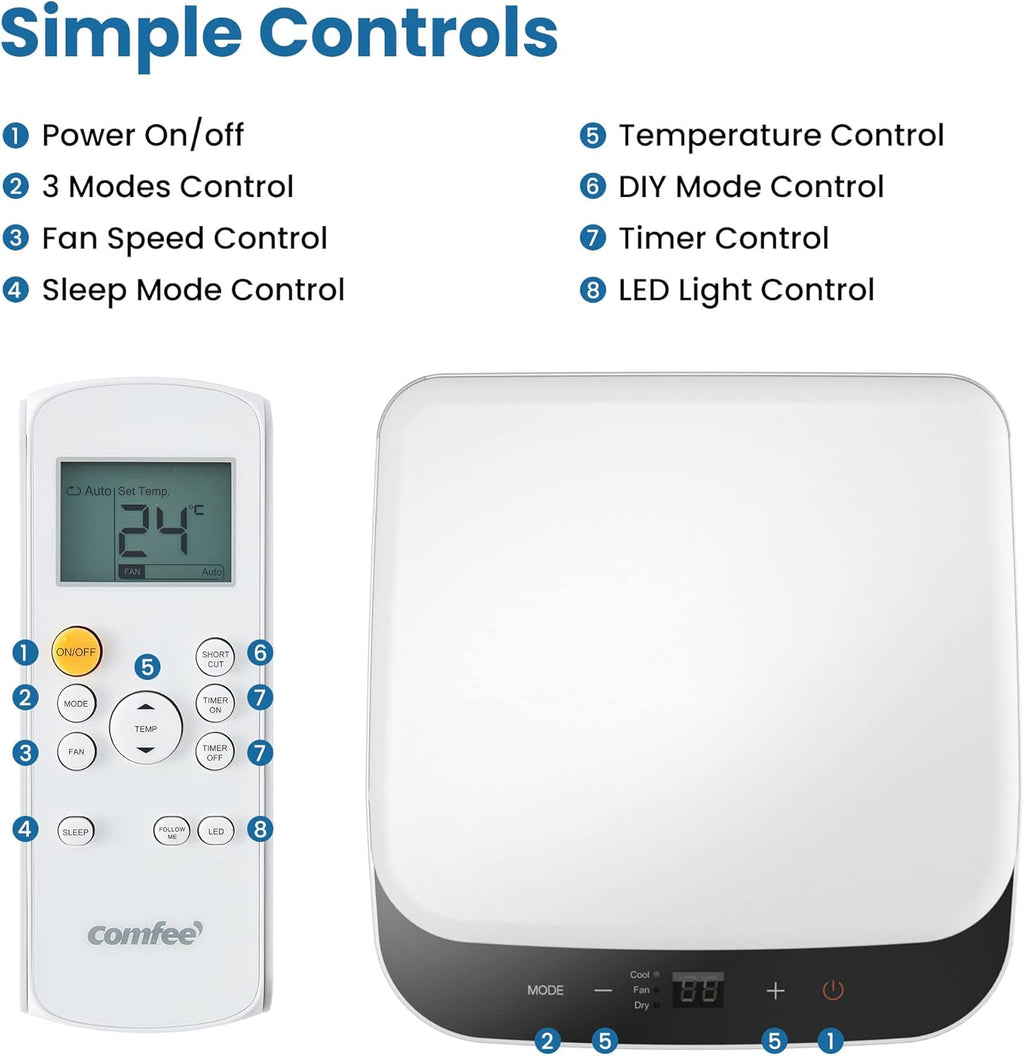 Comfee Mobiles Klimagerät Breezy Cool Pro 2.6,9000 BTU 2,6kW, Kühlen&Ventilieren&Entfeuchten,APP-Steuerung,Raumgröße bis 88m³(33ãŽ?,Mobile Klimaanlage mit Abluftschlauch