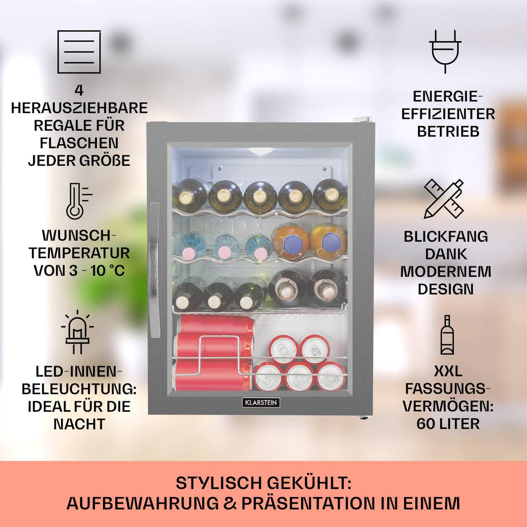Klarstein Mini Kühlschrank mit Glastür, Mini, für Zimmer, Getränkekühlschrank Klein mit Verstellbaren Ablagen, mit Wellenform-Racks, 60 Liter Kühlschrank Leise