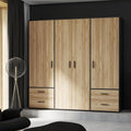 FORTE Jupiter Schrank 200 210, Kleiderschrank, Drehtürenschrank, 4-türig, mit 4 Schubladen und Einlegeböden, Schwarz mit Holz Dekor: Catania Eiche, 206 cm breit x 53 cm tief x 200 cm hoch