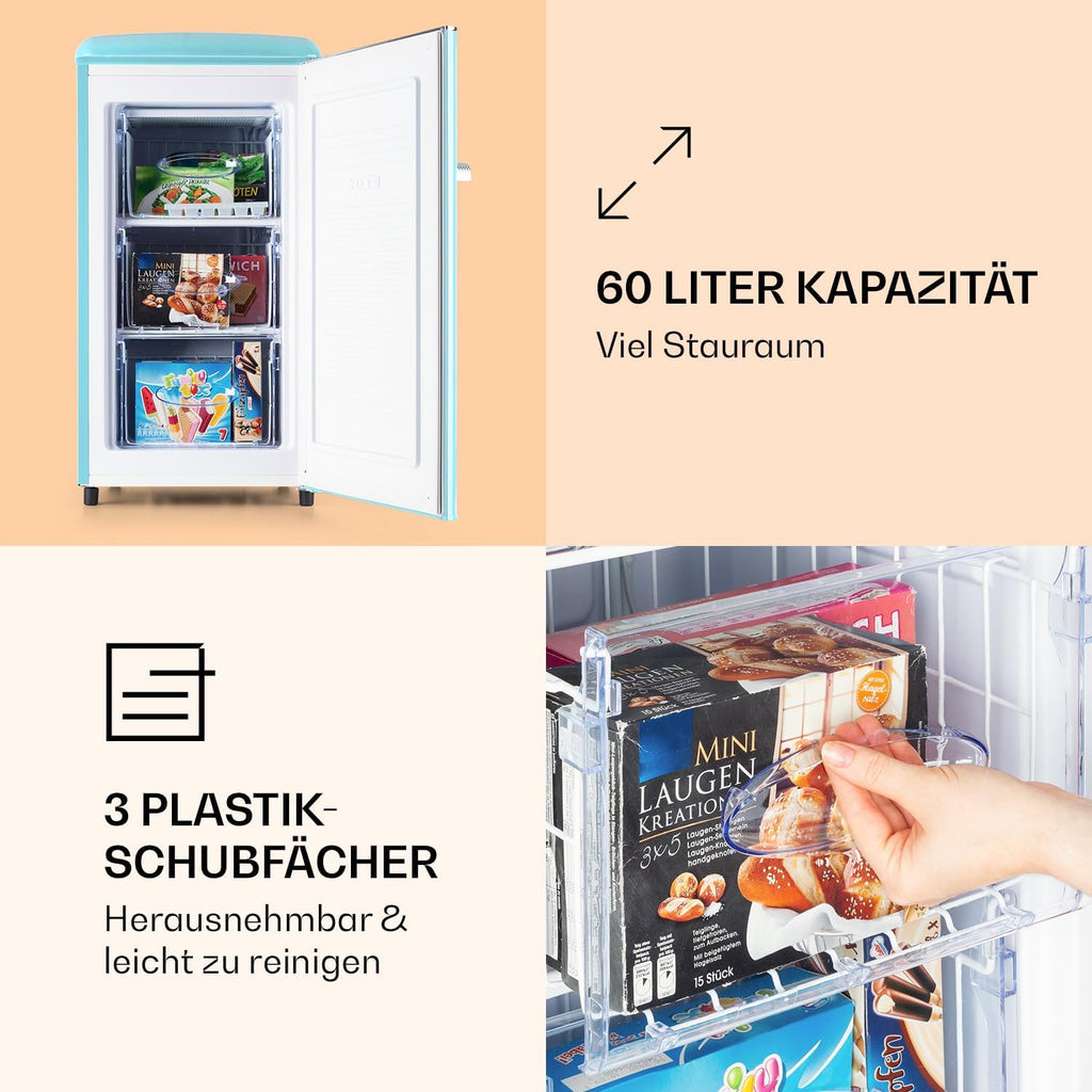 Klarstein Laika Gefrierschrank - 60 Liter Gesamtvolumen, Thermostat mit 5 Stufen, 0 bis -18 °C, 3 Einschübe, freistehend, Retro-Design, blau